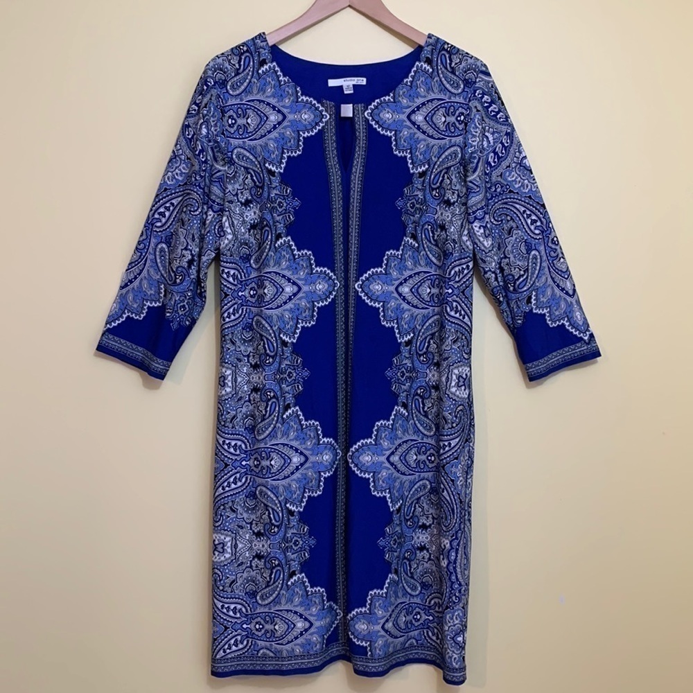 Studio One || Blue White 3/4 Sleeve Paisley Keyhole Shift Dress 12